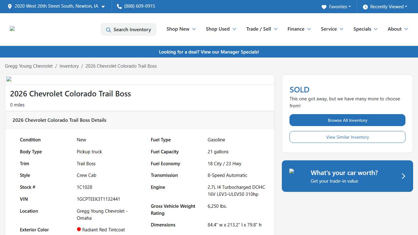 2026 Chevrolet Colorado Trail Boss for sale in Omaha, NE at Gregg Young Chevrolet VIN: 1GCPTEEK3T1132441