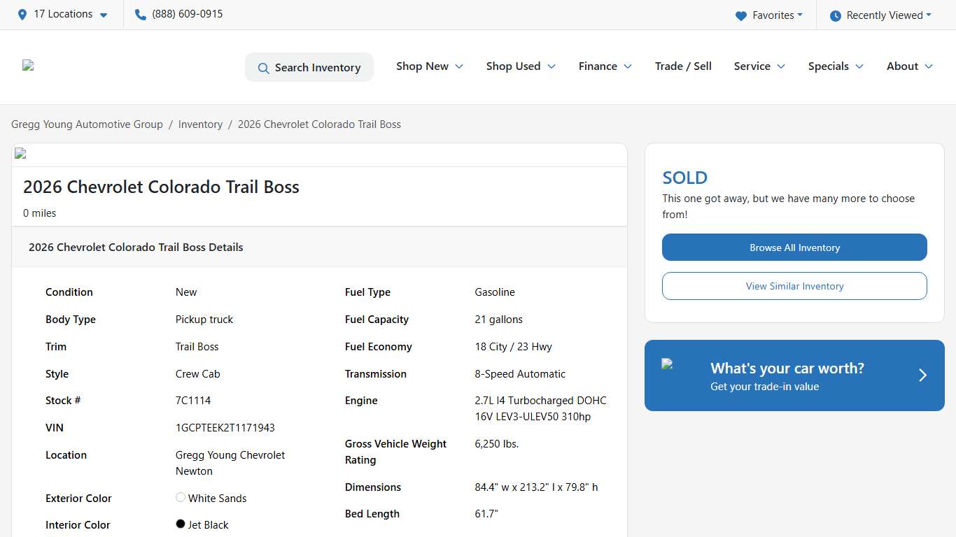 2026 Chevrolet Colorado Trail Boss for sale in Newton, IA at Gregg Young Automotive Group VIN: 1GCPTEEK2T1171943