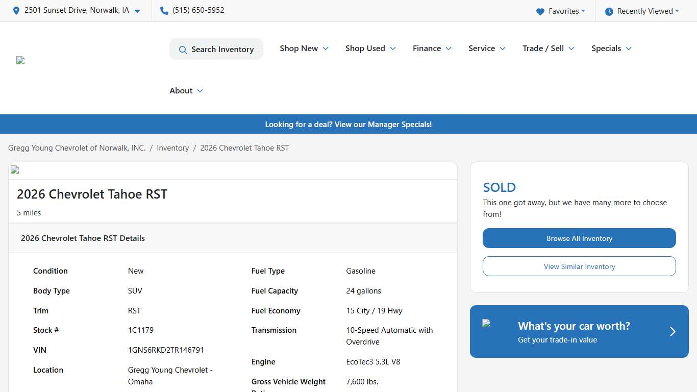 2026 Chevrolet Tahoe RST for sale in Omaha, NE at Gregg Young Chevrolet of Norwalk, INC. VIN: 1GNS6RKD2TR146791